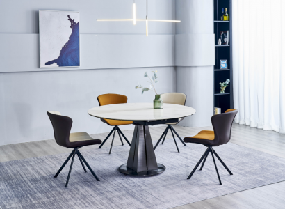 Modern dining set designer round table stylish 4x faux leather chairs 5-piece set