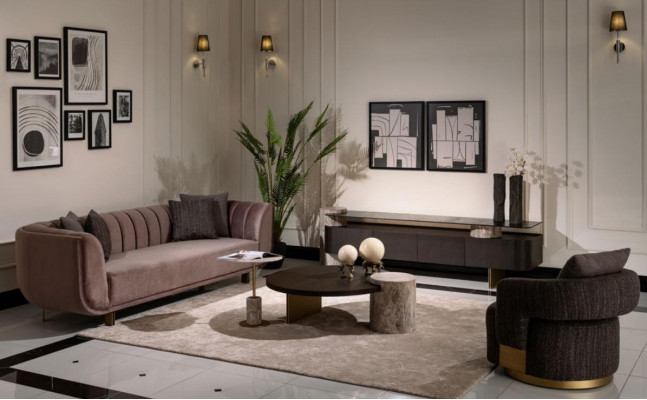 Living room set sofa armchair brown fabric coffee table set 5-piece RTV