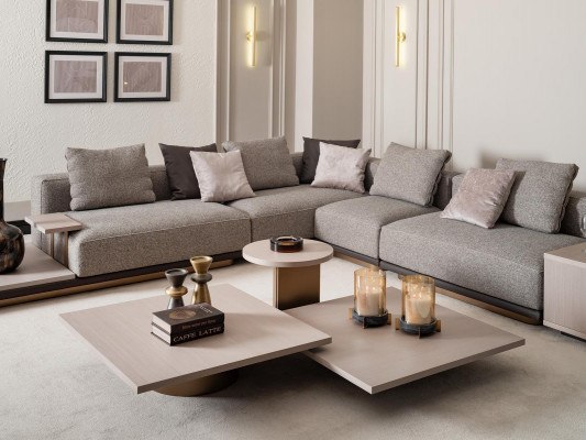 Living room set: corner sofa, coffee tables, 5-piece, gray.