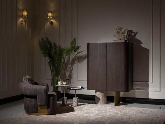 Living Room Complete Armchairs Side Tables 4-Piece Fabric Brown Wood Bar