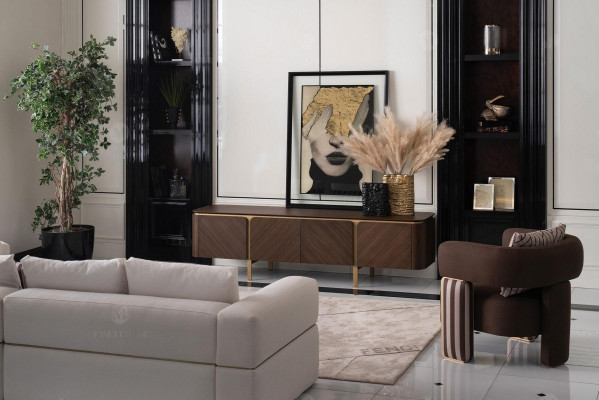 Set of furniture: corner sofa, armchair, fabric sofa, TV lowboard, beige, modern 3-piece set.