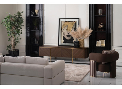 Set of furniture: corner sofa, armchair, fabric sofa, TV lowboard, beige, modern 3-piece set.