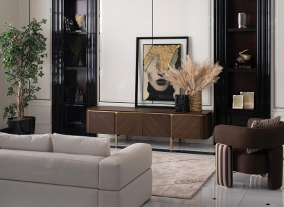 Set of furniture: corner sofa, armchair, fabric sofa, TV lowboard, beige, modern 3-piece set.