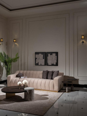 Living room set three-seater coffee tables 4-piece fabric sofa beige wood