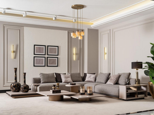 L-shaped sectional sofa, upholstered sofa, fabric sofa, gray modern sofa.