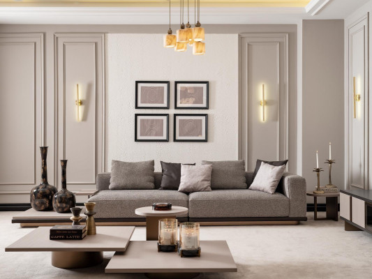 Living room set with four-seater sofa and five-piece coffee table set in gray