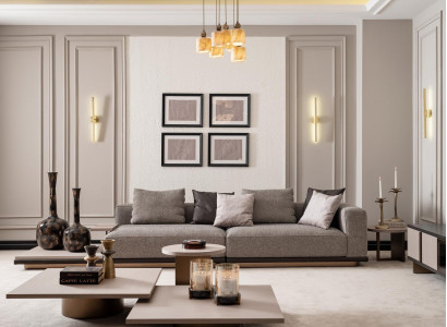 Living room set with four-seater sofa and five-piece coffee table set in gray
