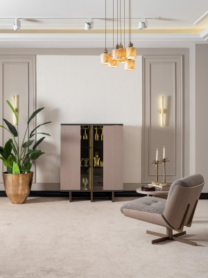 Bar cabinet group, display cabinet, armchair, wood, beige cabinet, living room, 2-piece set