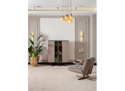 Bar cabinet group, display cabinet, armchair, wood, beige cabinet, living room, 2-piece set