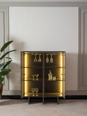 Bar cabinet group, display cabinet, armchair, wood, beige cabinet, living room, 2-piece set