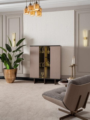 Bar cabinet group, display cabinet, armchair, wood, beige cabinet, living room, 2-piece set