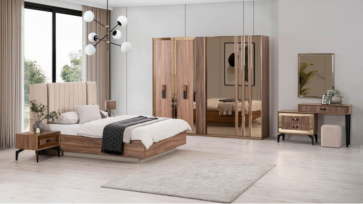 Luxury Double Bed Bedroom Suite Bed Wood Set 7-piece Brown Modern