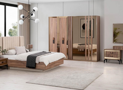 Luxury Double Bed Bedroom Suite Bed Wood Set 7-piece Brown Modern