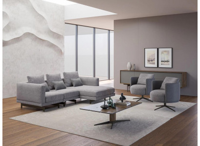 Living room complete 4-piece set: 2x armchairs with L-shaped corner sofa, designer wooden coffee table