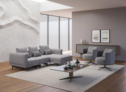 Living room complete 4-piece set: 2x armchairs with L-shaped corner sofa, designer wooden coffee table