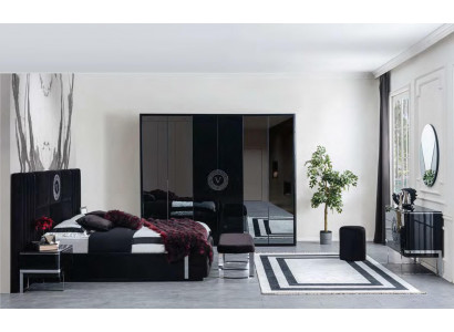 Zoom in with the mouse pointer. Do you have such an item? Sell free of charge. Black luxury wardrobe with glass doors, four-door bedroom furniture wardrobe.