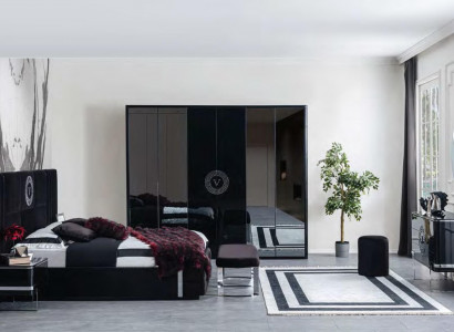 Zoom in with the mouse pointer. Do you have such an item? Sell free of charge. Black luxury wardrobe with glass doors, four-door bedroom furniture wardrobe.