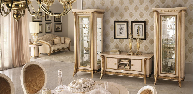 Living room furniture set, living room sideboard, 2x display cabinet, 3-piece wall unit, arredoclassic