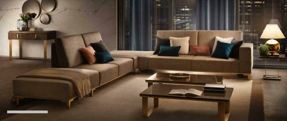 Living landscape couch upholstered textile fabric leather seat suite corner sectional L-shape