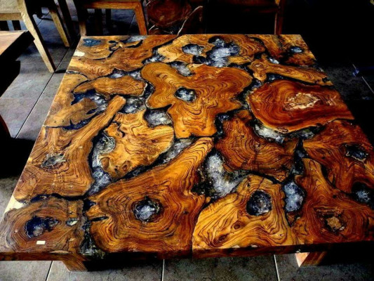 Epoxy resin dining table made of real solid wood furniture, waterfall epoxy table 100x100.