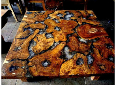 Epoxy resin dining table made of real solid wood furniture, waterfall epoxy table 100x100.