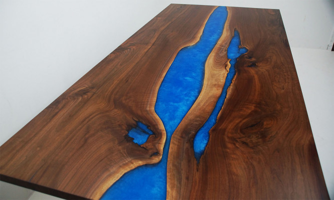 Dining Table Blue River Table Real Wood 220x90 Tables Epoxy Resin New
