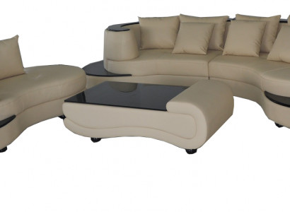 Luxurious corner leather upholstered living room ensemble landscape XXL big U-shaped sofa + chaise + table