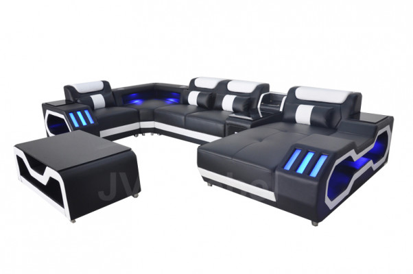Leather sofa couch upholstery corner set modern living landscape table + USB + LED