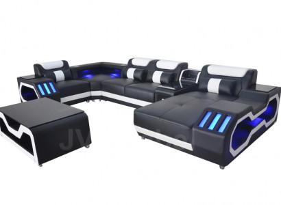 Leather sofa couch upholstery corner set modern living landscape table + USB + LED