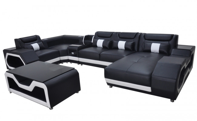 Leather sofa couch upholstery corner set modern living landscape table + USB + LED