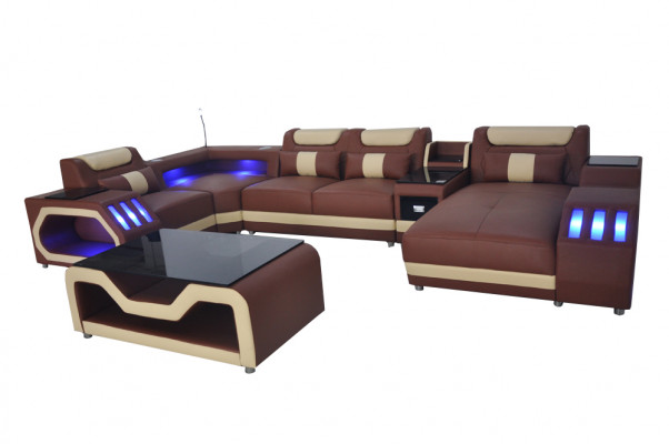 Leather sofa couch upholstery corner set modern living landscape table + USB + LED