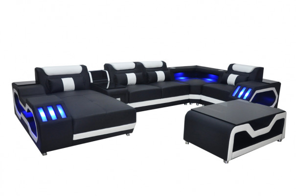 Leather sofa couch upholstery corner set modern living landscape table + USB + LED