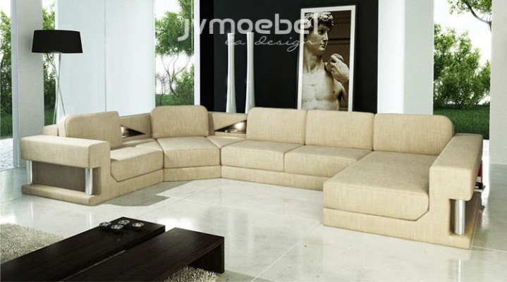 Corner sofa with bed function, modern design sofa, textile fabric, U-shaped couch living landscape.