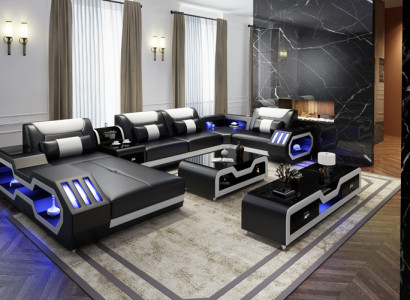 XXL Living Room Sofa Couch Upholstery Corner Unit Sofas + USB + Light