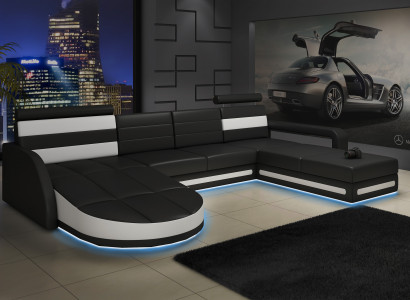 XXL LIVING AREA COUCH SUITE DESIGN CORNER COUCH Black LEATHER SOFA with USB New