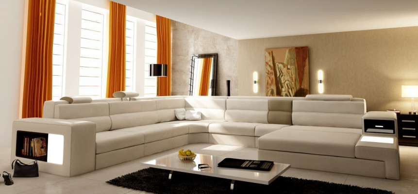 Sectional sofa with lighting & USB connection, modern leather living area sofa upholstery