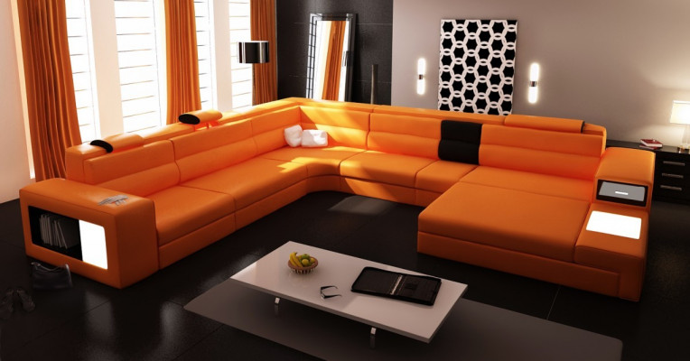 Sectional sofa with lighting & USB connection, modern leather living area sofa upholstery