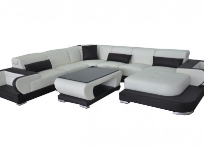 Corner sectional sofa with USB leather living room set design modern sofa + table