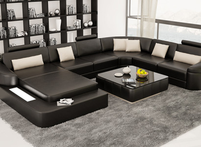 Luxury leather sofa upholstery modern seating suite corner couch living area LED USB