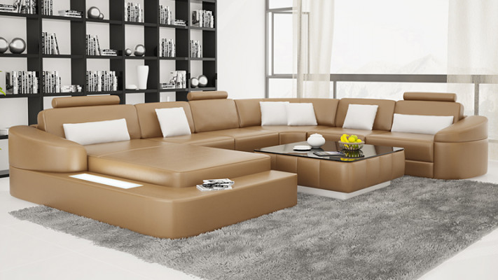 Luxury leather sofa upholstery modern seating suite corner couch living area LED USB