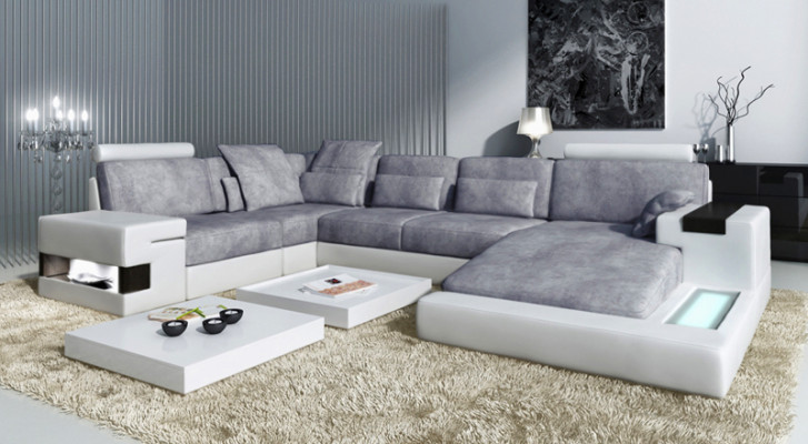Sectional sofa, living landscape, U shape, cushion couch, leather sofa, fabric leather, USB + LED