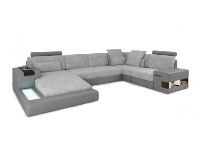 Corner sofa living landscape U-shape leather sofa couch upholstery fabric leather USB + LED