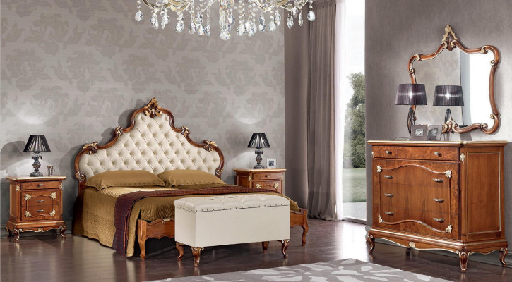 Bedroom complete set: bed, 2x nightstands, dresser, mirror, armchair 6-piece Italy