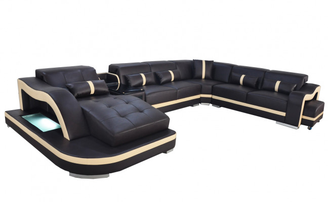 Leather couch upholstery seat living landscape modern suite sofa with USB U-shape LED