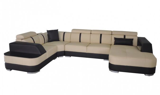 Designer landscape sofa with USB, large cushion leather sofas, corner seat, black