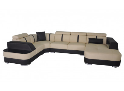 Designer landscape sofa with USB, large cushion leather sofas, corner seat, black