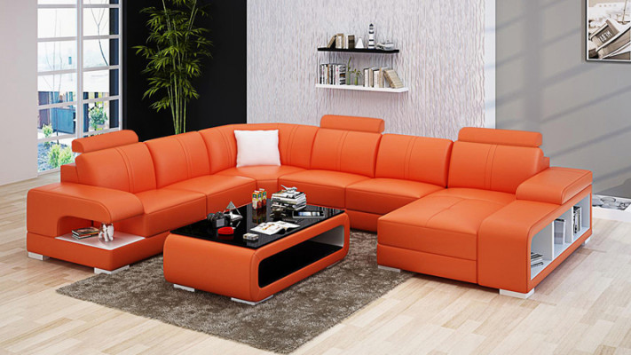 Living Room Sofa Couch Leather Upholstery Corner Seating Set U Shape Living Area +USB