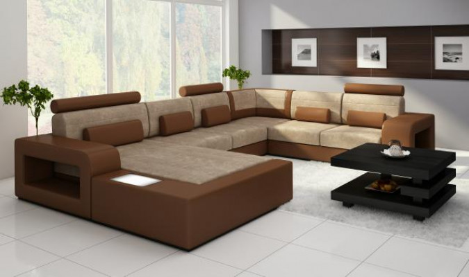 Living landscape sofa with USB, fabric textile leather sofa set with lighting