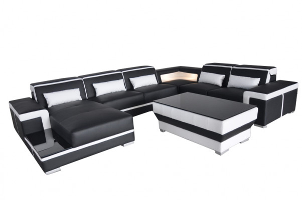 XXL Leather Sofa Upholstery Living Room Couch Seating Set Corner Sectional Sofas + Table