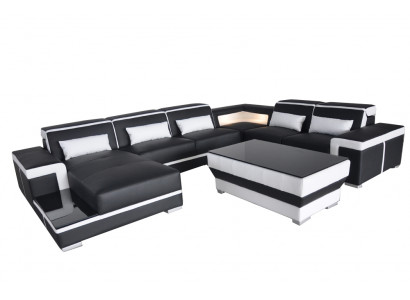 XXL Leather Sofa Upholstery Living Room Couch Seating Set Corner Sectional Sofas + Table